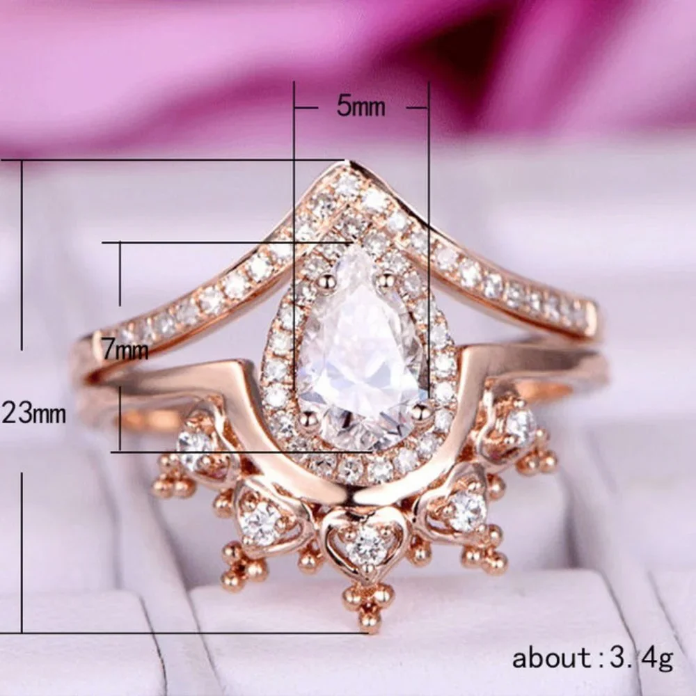 *18K Rose Gold Diamond Pear Cut Crown 2PC Ring Set - Picture 5 of 5